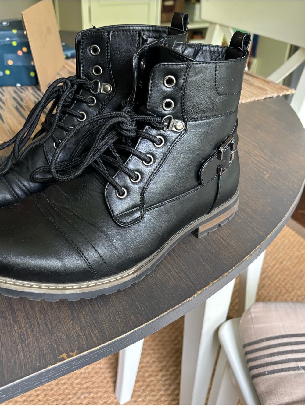 Men's Black Lace-Up Buckle Combat Boots